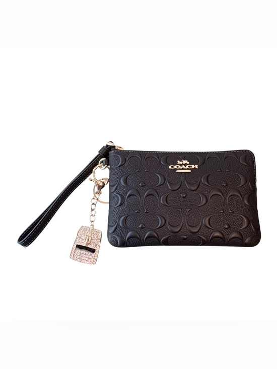 Coach Handbags - COACH Black Embossed Signature Corner Zip Wristlet with Charm